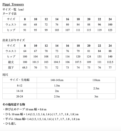Pippi Trousers Size Chart